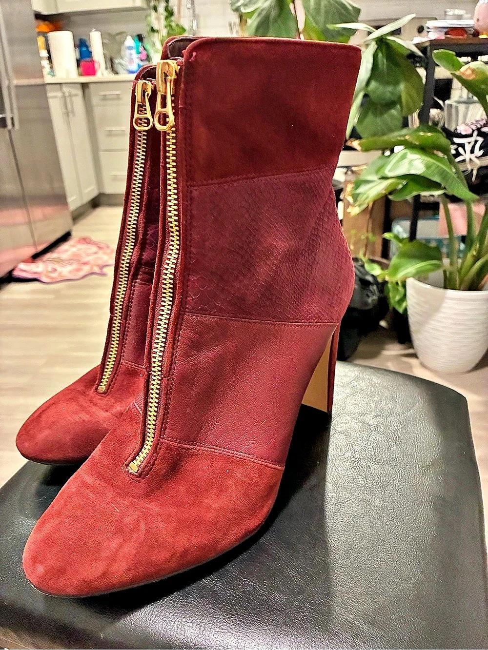 Anne Klein Alyssa Burgundy Leather Heeled Boots US 10M